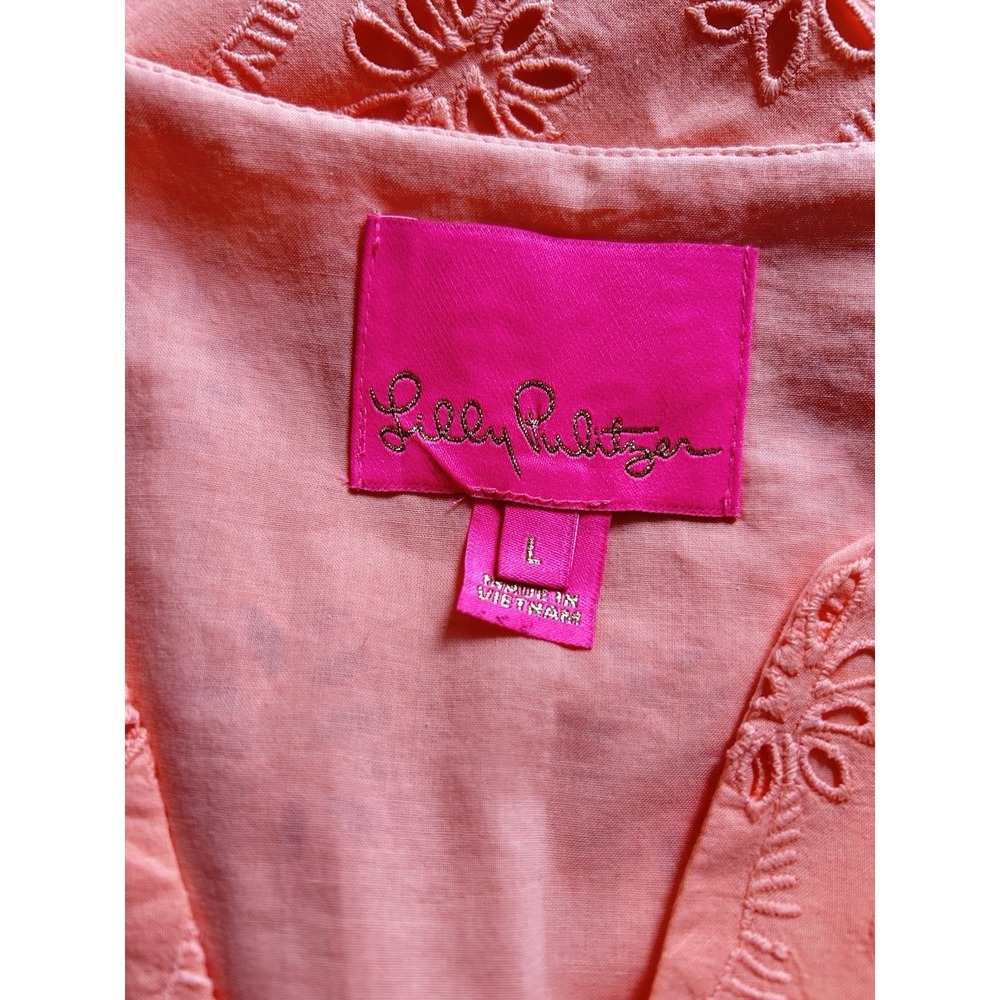 Lilly Pulitzer Astara Eyelet Shift Dress Peach Palm Tree Eyelet Pom Pom Trim M - Picture 6 of 7